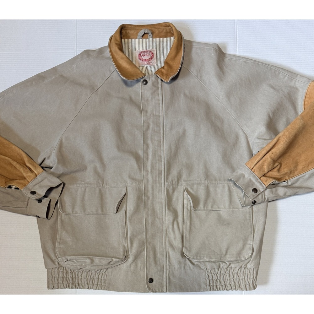 AUSTRALIAN OUTBACK - Men's VTG Beige Canvas Leather Trim Bomber Jacket - X-Large